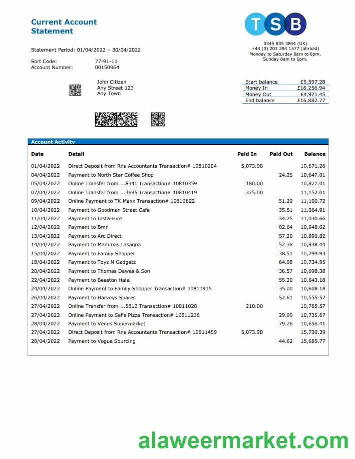 United Kingdom TSB bank statement, Word and PDF template